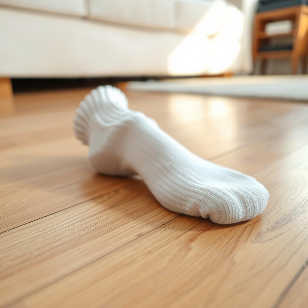A single white sock lying on a wooden floor, with soft natural lighting illuminating its fabric texture