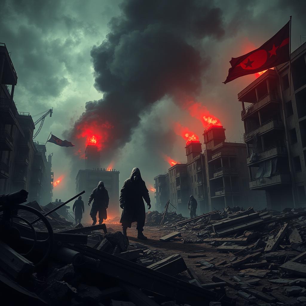 A chilling and eerie depiction of World War 3 horror, showcasing a dystopian urban landscape ravaged by war