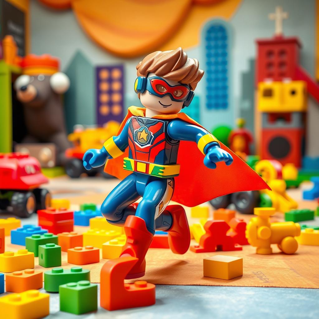 A vibrant and action-packed scene featuring a toy hero figure, intricately designed with bright colors and expressive details