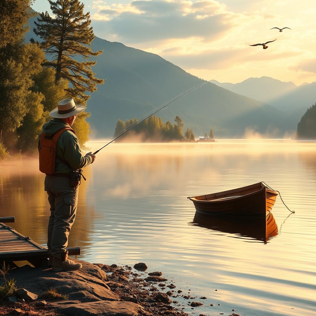 A picturesque scene depicting a seasoned fisherman standing on the edge of a tranquil lake at dawn