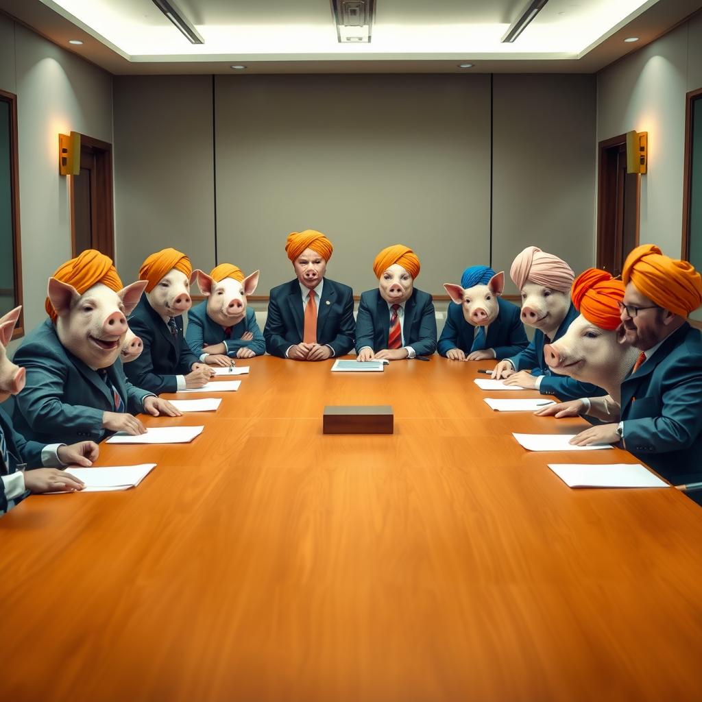 A whimsical scene of a group of pigs sitting at a negotiation table alongside a group of humans