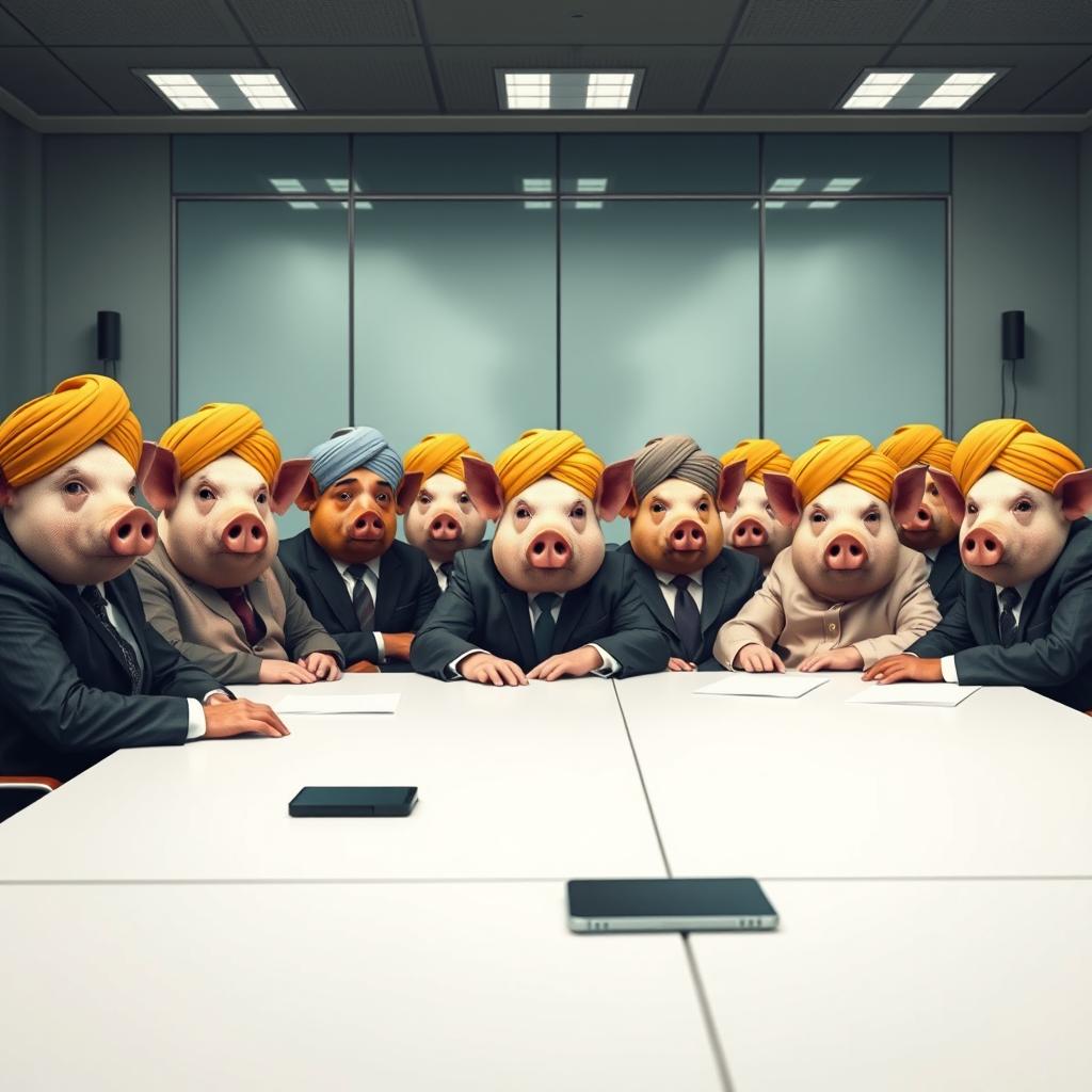 A whimsical scene featuring a group of pigs wearing traditional turbans seated around a negotiating table alongside a group of well-dressed people in suits and ties