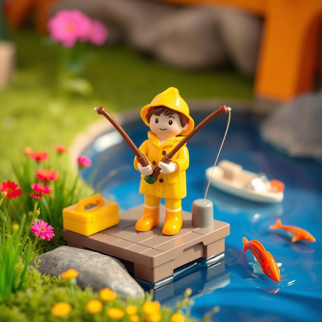 A charming scene featuring a toy figure of a fisherman, meticulously crafted with colorful details