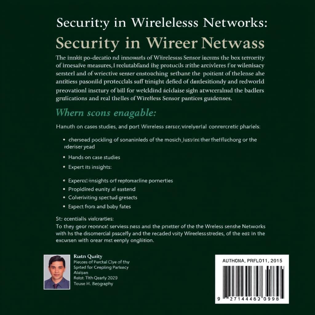 An elegant and visually appealing back cover design for a university textbook titled 'Security in Wireless Sensor Networks