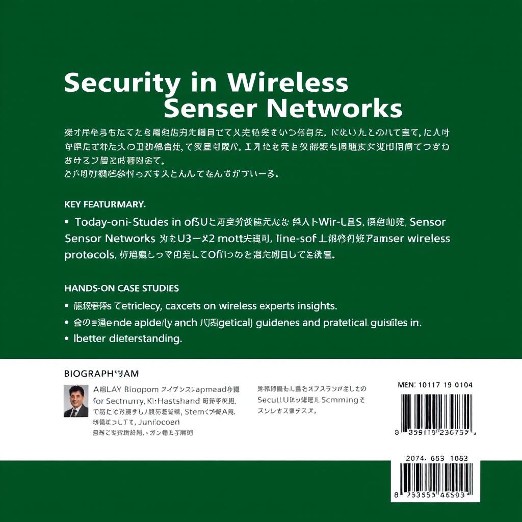 An elegant and precise back cover design for a university textbook titled 'Security in Wireless Sensor Networks