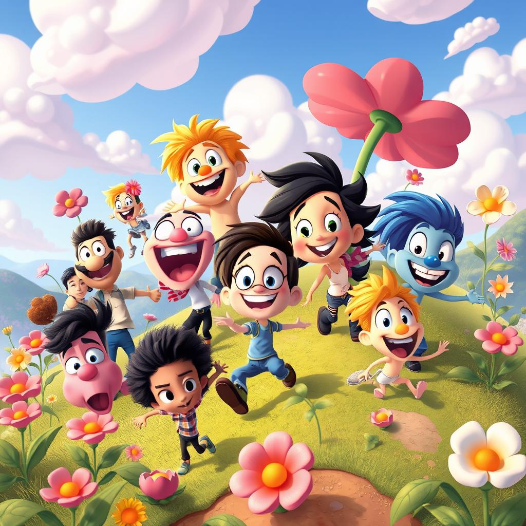 A vibrant and colorful cartoon scene featuring various animated characters engaging in a lively adventure