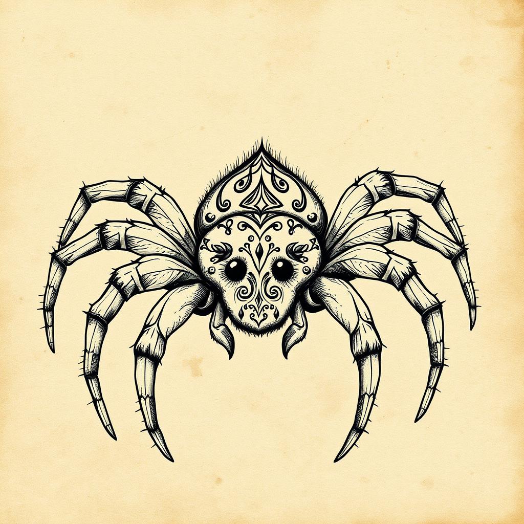 Illustration in a medieval style of a spider with a tender gaze, showcasing its intricate features and delicate legs