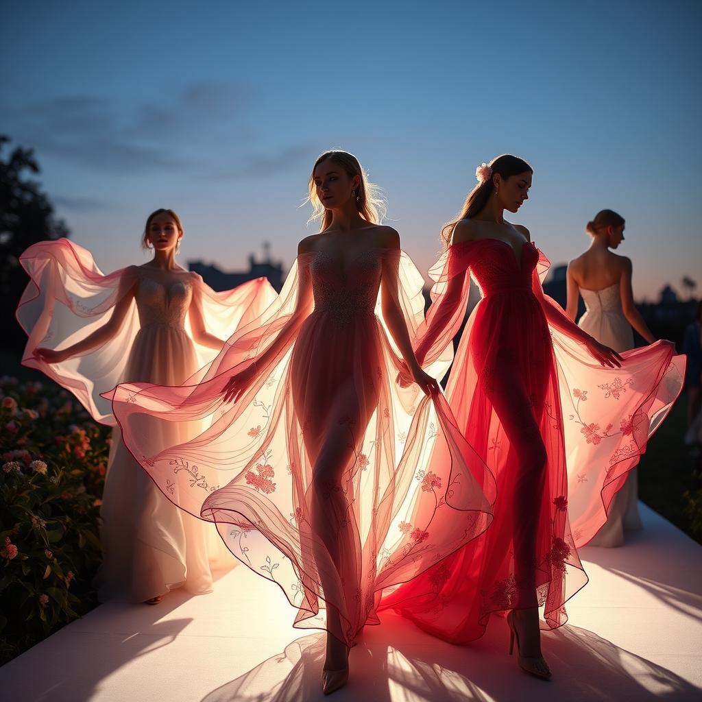 A stunning collection of elegant dresses that morph and flow elegantly when shadows cast upon them, creating a breathtaking visual display
