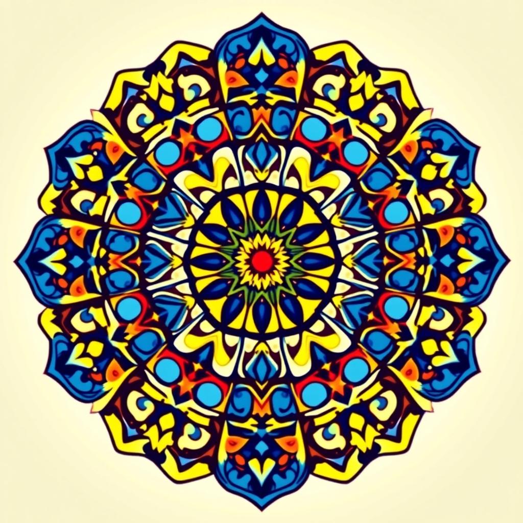 A colorful and intricate mandala design featuring geometric patterns and floral elements, all with harmonious symmetry