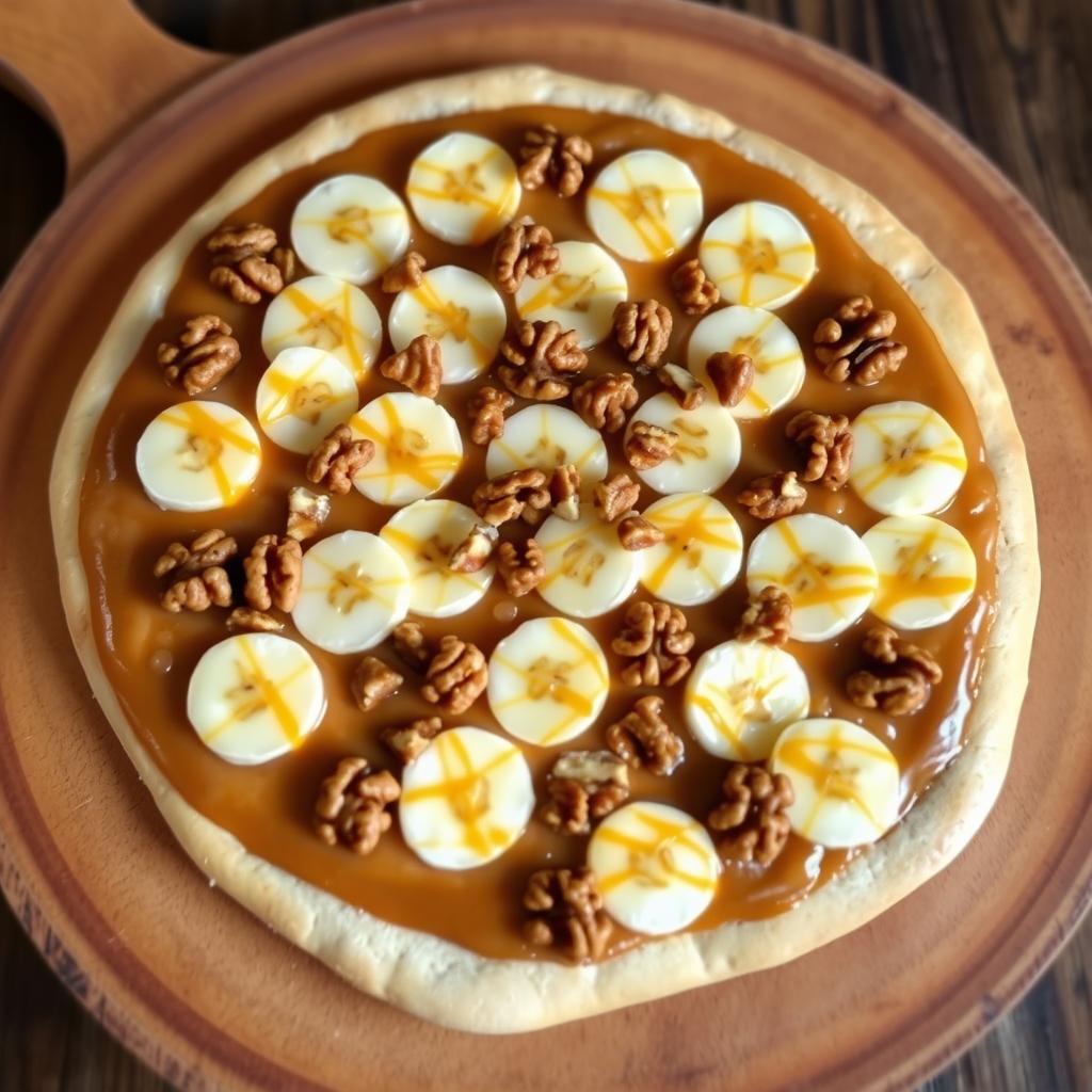 A delicious sweet pizza featuring a base of rich dulce de leche