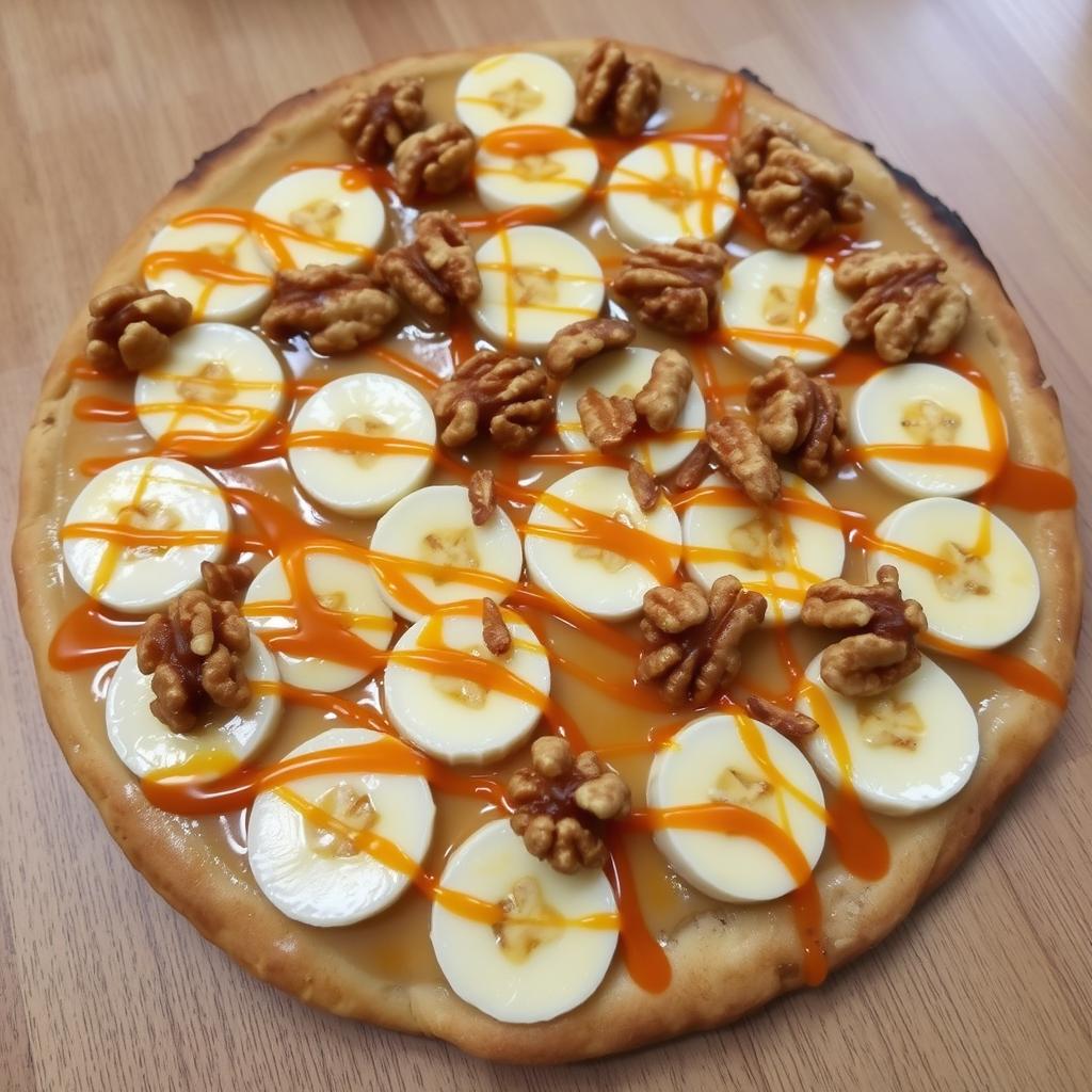 A delicious dessert pizza featuring a base made of dulce de leche