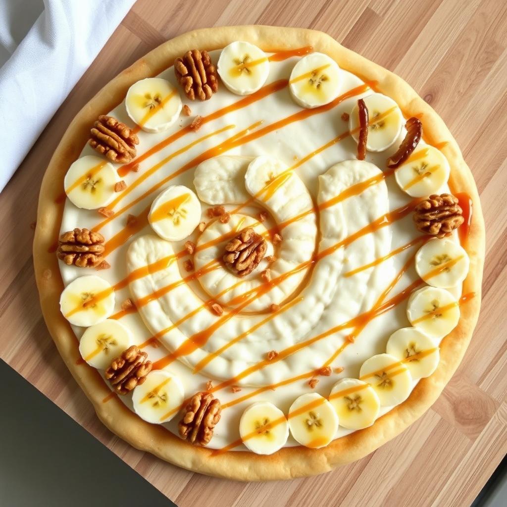 A delicious dessert pizza that features a creamy pasty cream base topped with perfectly sliced banana arranged in the shape of a snail