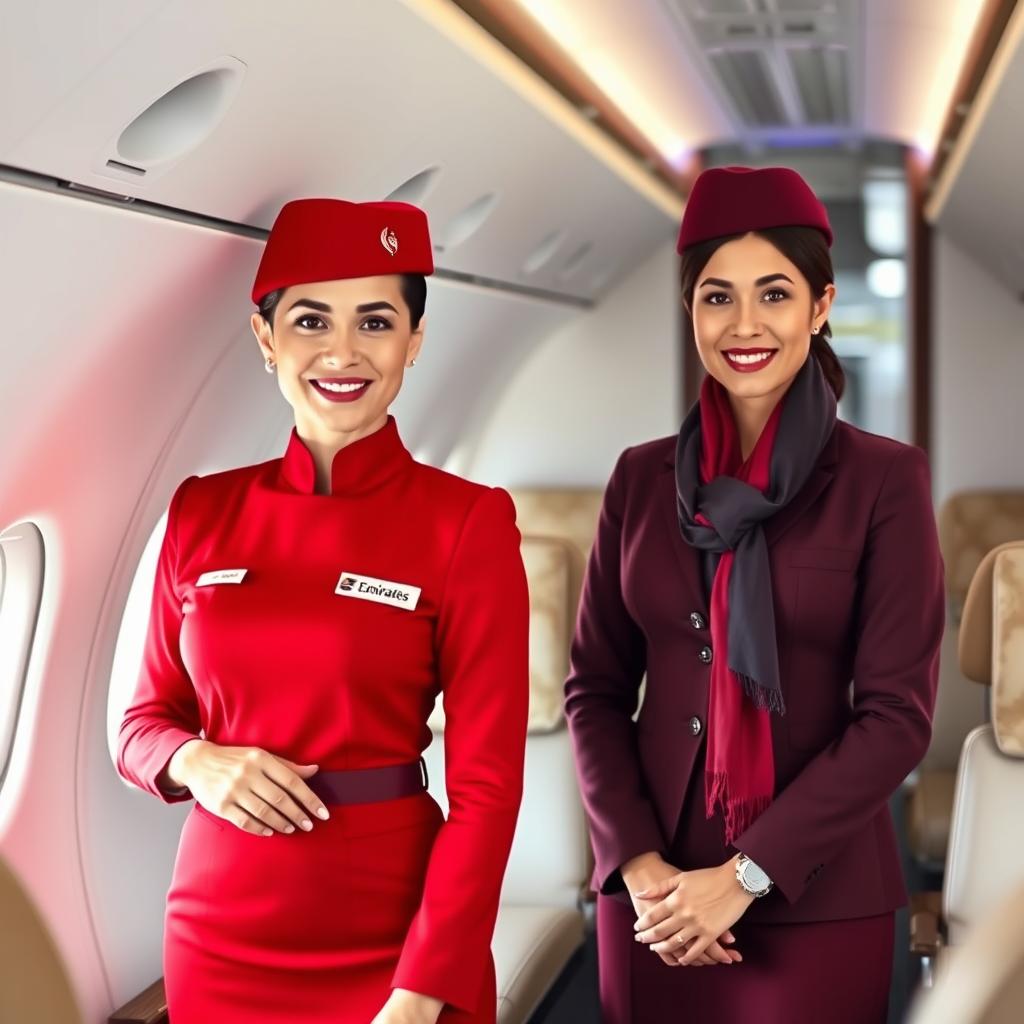 A professional flight attendant from Emirates Airlines wearing a stylish red uniform with a signature hat, standing confidently in the cabin of a luxurious airplane
