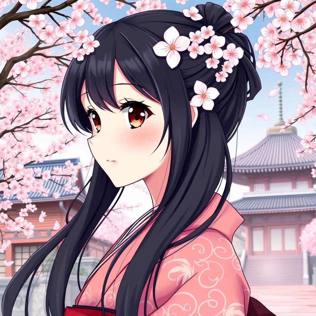 An intricate anime-style profile picture featuring a young woman with flowing black hair adorned with delicate cherry blossom petals and traditional Japanese attire