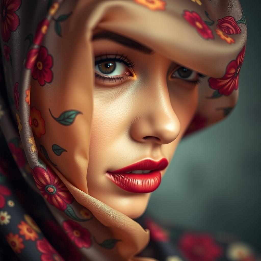 A stunning close-up portrait of a woman with an elegant dress seamlessly combined with her face, where the fabric of the dress flows around her facial features, creating an artistic and surreal effect