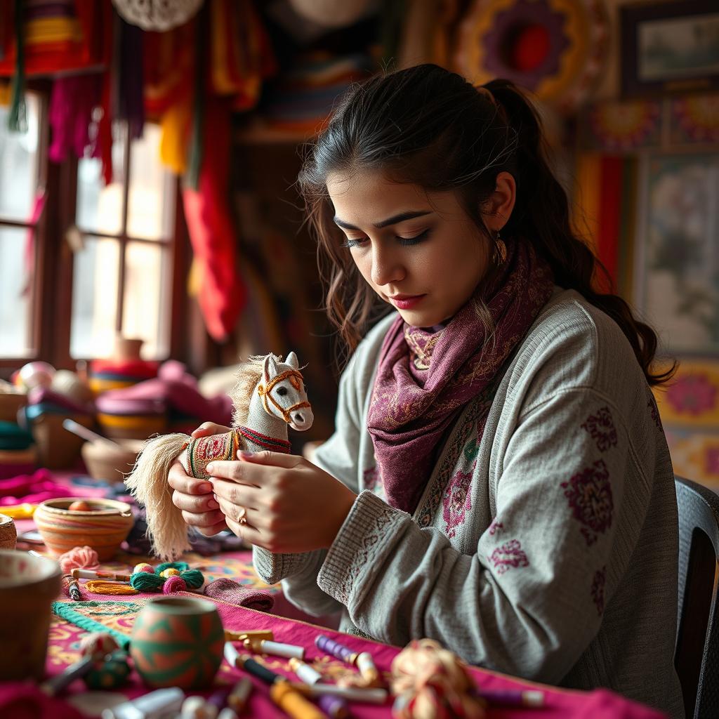 A young woman skillfully crafting intricate Ghodi (a traditional horse figurine made of fabric and decoration) in a warm, inviting workshop filled with bright colors and artistic tools