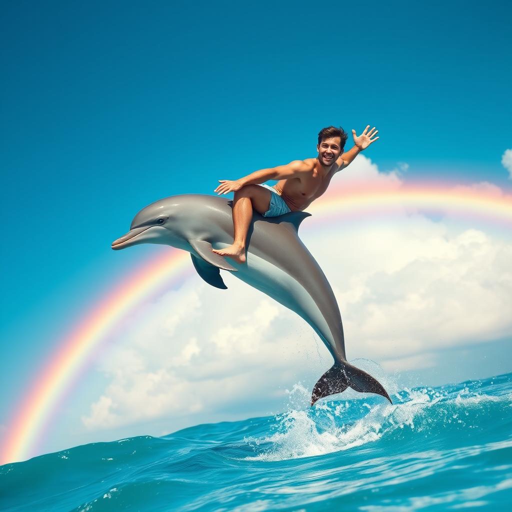 A joyful scene featuring a man riding on the back of a dolphin, both leaping gracefully over a vibrant rainbow in a bright blue sky