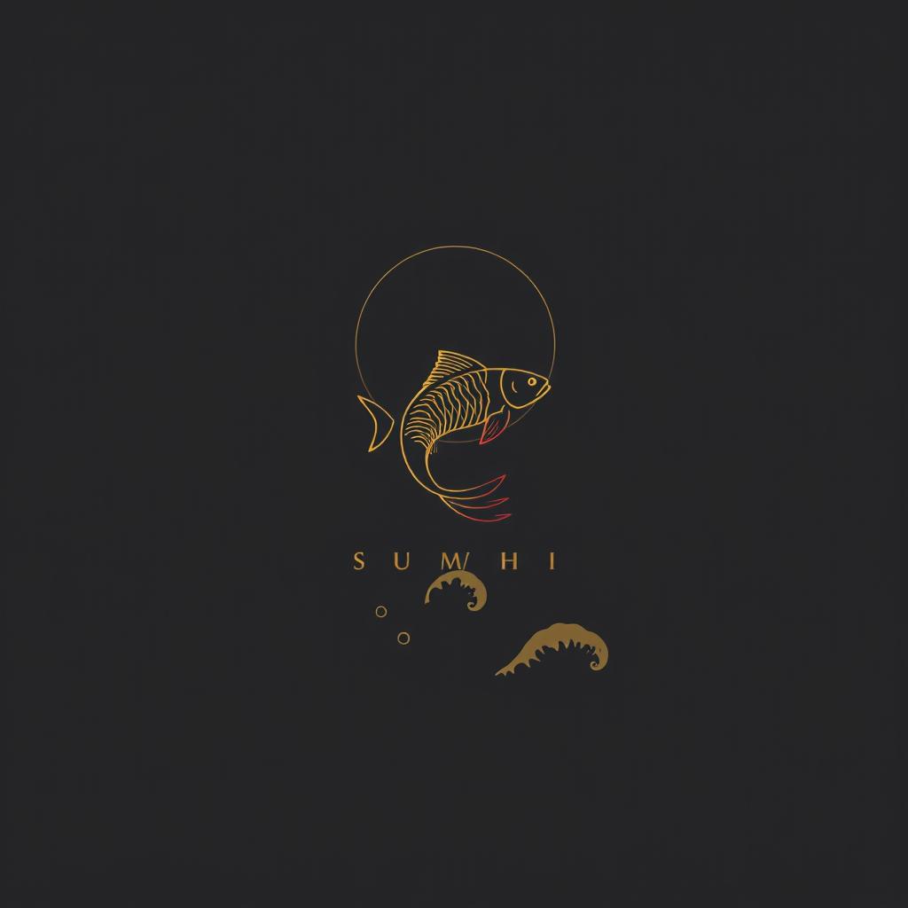 Minimalist logo design for a luxury Japanese sushi restaurant named 'Yami Sushi', featuring a sophisticated color palette of black and gold with striking red accents