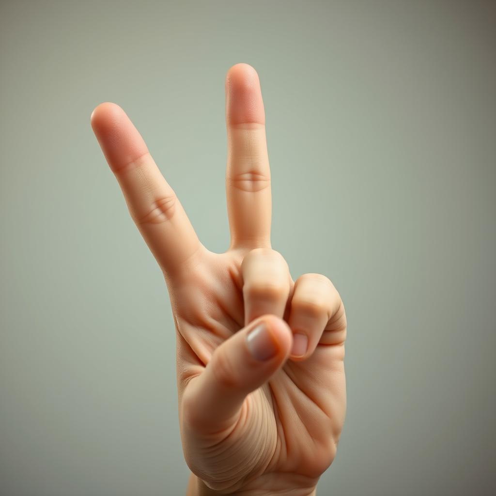 A close-up image of a hand making a peace sign with the index and middle fingers extended