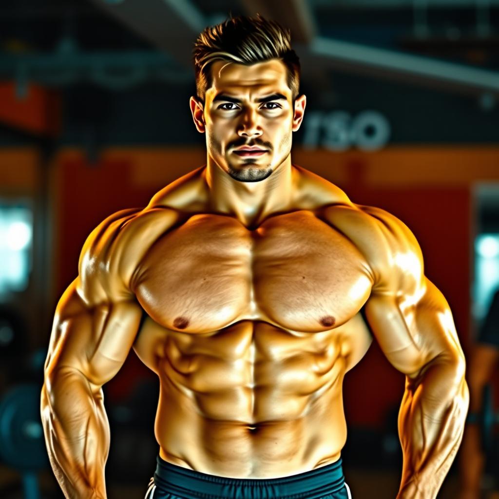 A strong and muscular person standing confidently, showcasing a well-defined physique with chiseled abs and broad shoulders