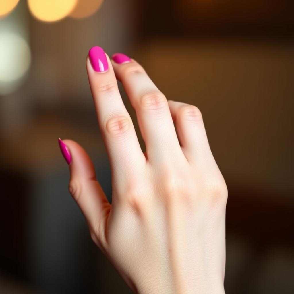 A close-up of a beautiful woman's hand with fair skin, perfectly manicured nails painted in a vibrant pink color