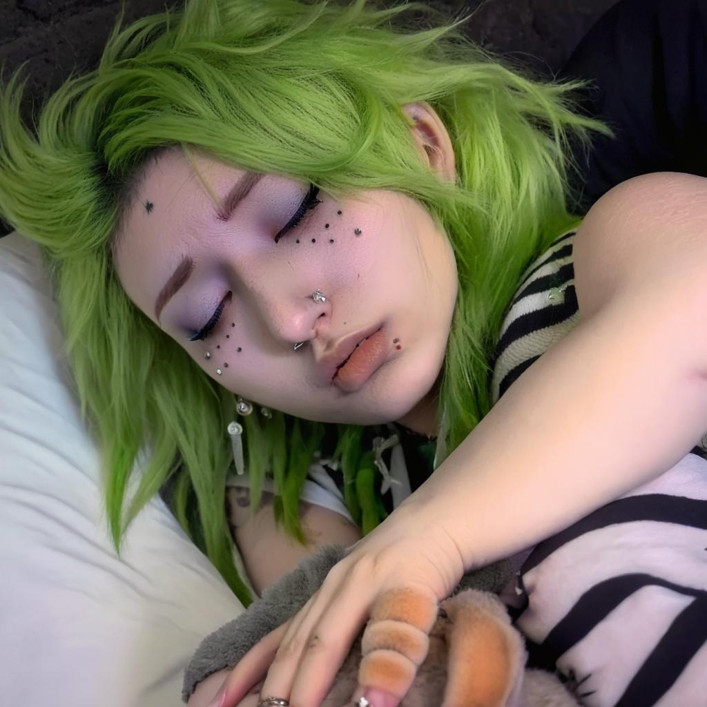 Green hair girl with face lots of piercings, looking emotionless and sad