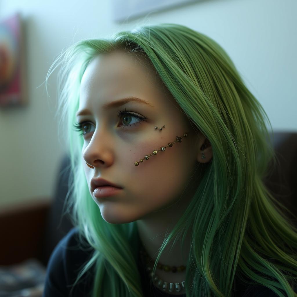 A girl with striking green hair, embellished with numerous facial piercings, gazing into the distance with an emotionless and melancholic expression