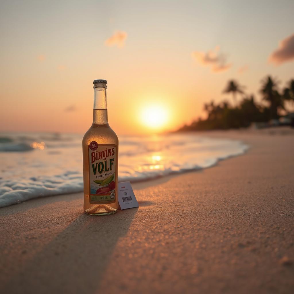 A beautiful beach scene featuring a bottle and its packaging resting delicately on the shore, with gentle waves lapping at the sand