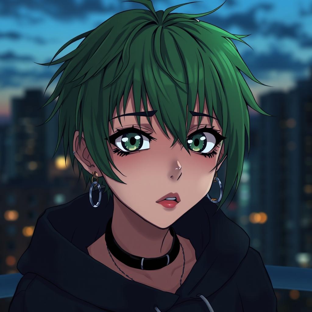 A green-haired anime girl with numerous facial piercings, including earrings and lip rings, styled in a messy, slightly tousled way