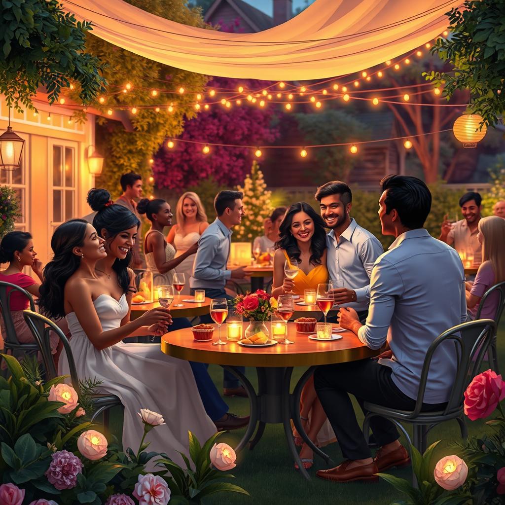 A romantic and warm digital artwork featuring a diverse group of couples enjoying a joyful gathering in a beautifully decorated outdoor setting
