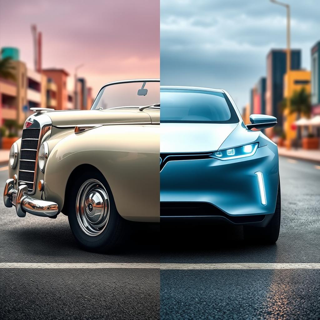 A visually captivating scene depicting an old vintage car transforming into a modern electric car