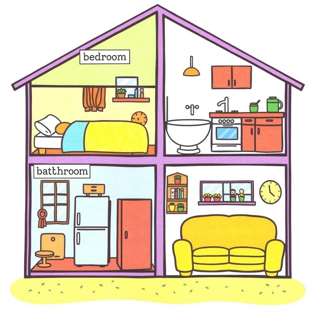 A colorful educational illustration for children, depicting the different parts of a house, including bedrooms, a bathroom, a kitchen, and a living room
