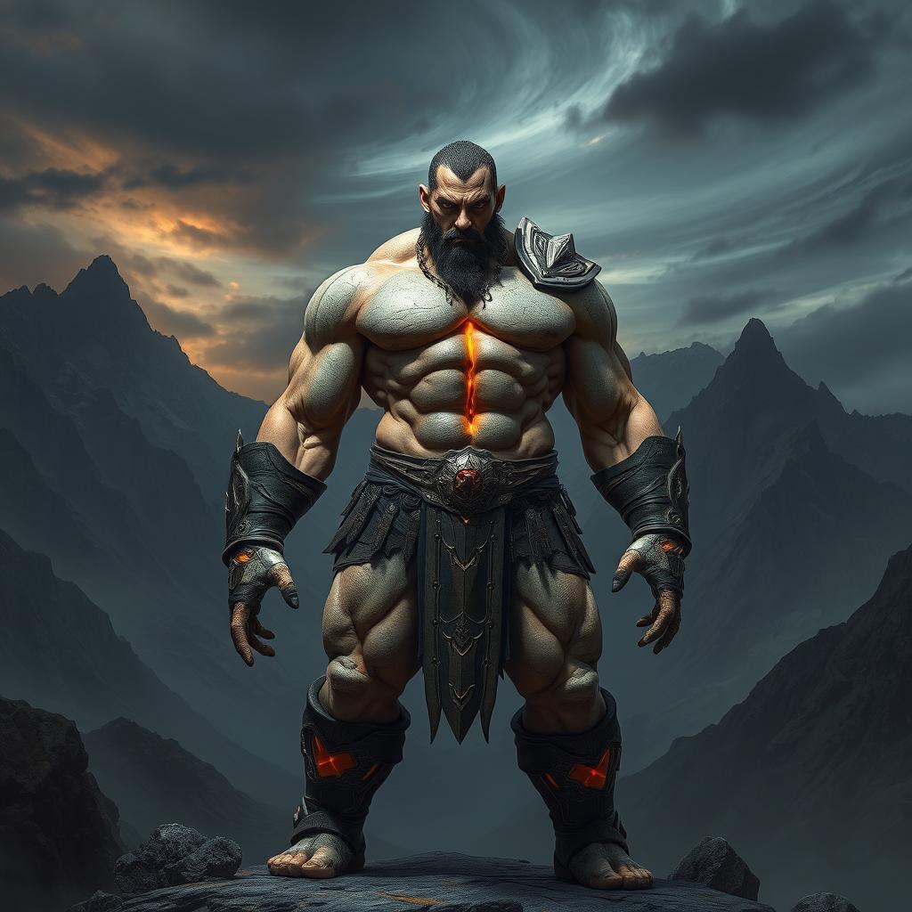 A male warrior, having a colossal and formidable physique, intricately designed with a body composed of rugged rock and highlighted by shimmering veins of metal that pulse with energy