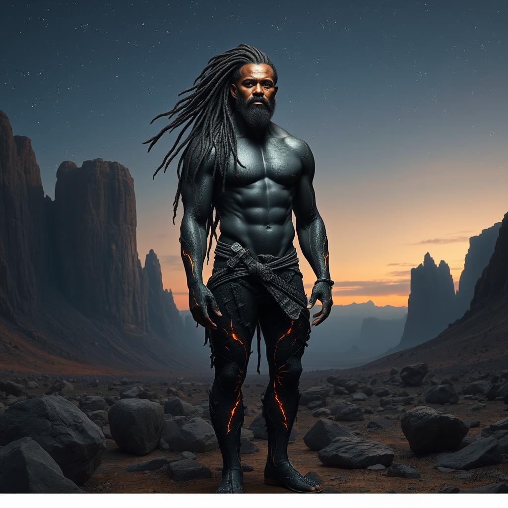 A male human figure with deep, dark skin and long, flowing dreadlocks, featuring an extraordinary body with skin that resembles rough, jagged rock and metallic veins that glow subtly, coursing through his limbs