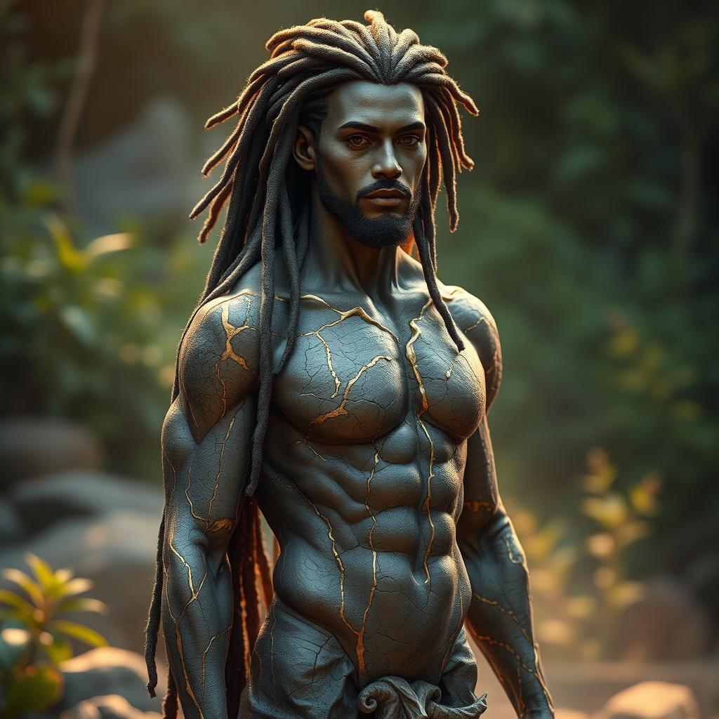 A male human figure featuring unique rocky skin that conveys a sense of strength and resilience, adorned with long, flowing dreadlocks