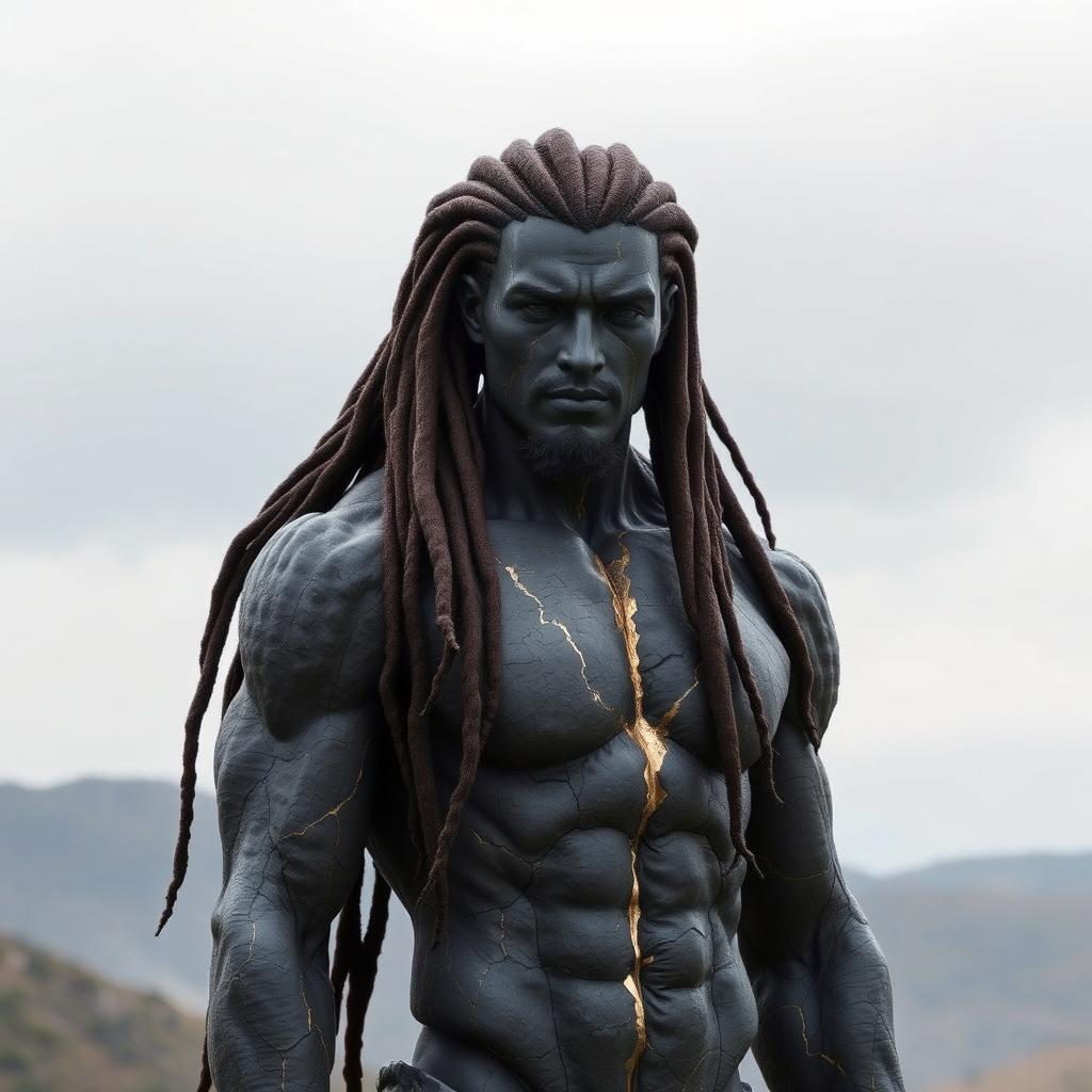 A male human figure with a striking appearance, featuring rocky skin that embodies both strength and resilience