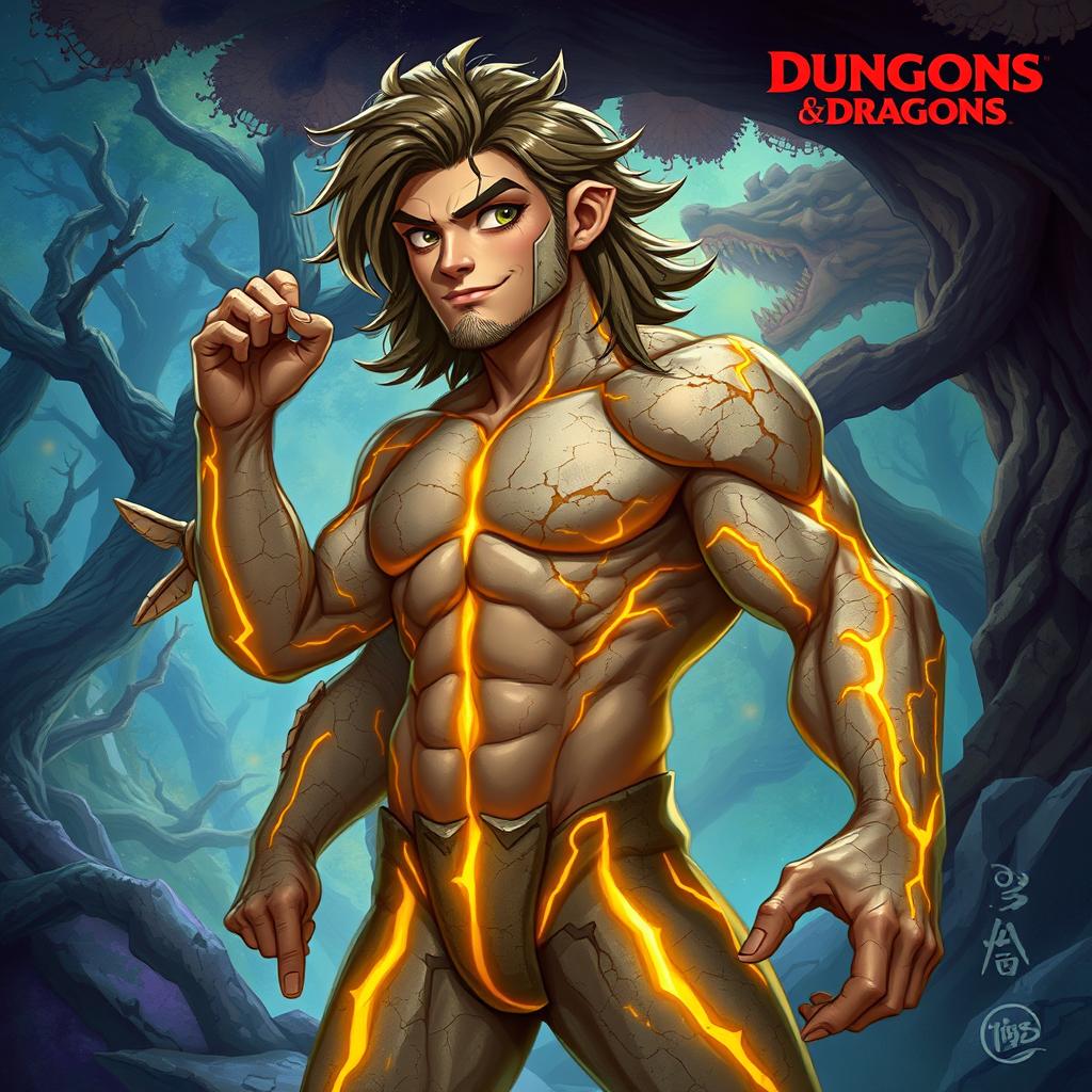 Dungeons and Dragons-themed artwork depicting an animated character, a male human figure characterized by rocky skin that reflects a unique and rugged texture