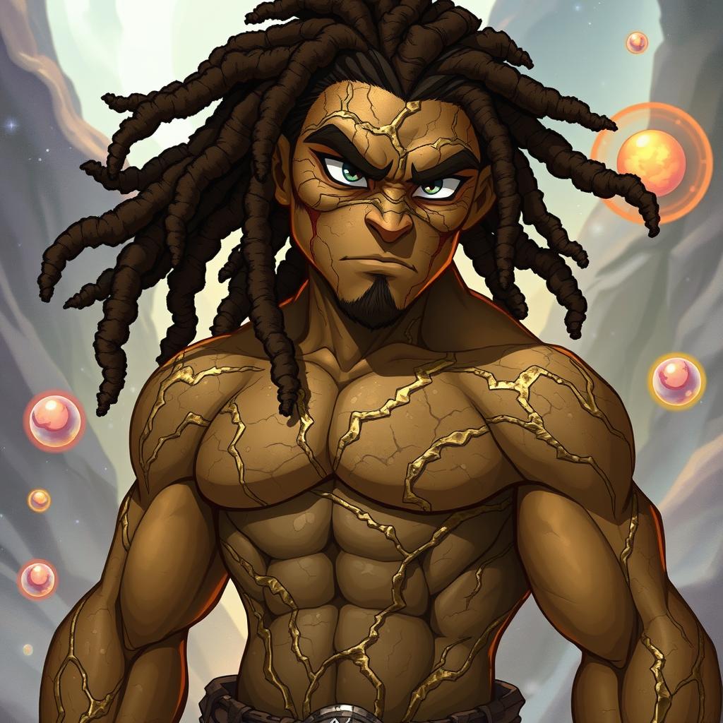 Dungeons and Dragons-themed artwork featuring an animated character, a male human figure with rocky skin that embodies a fierce and rugged aesthetic