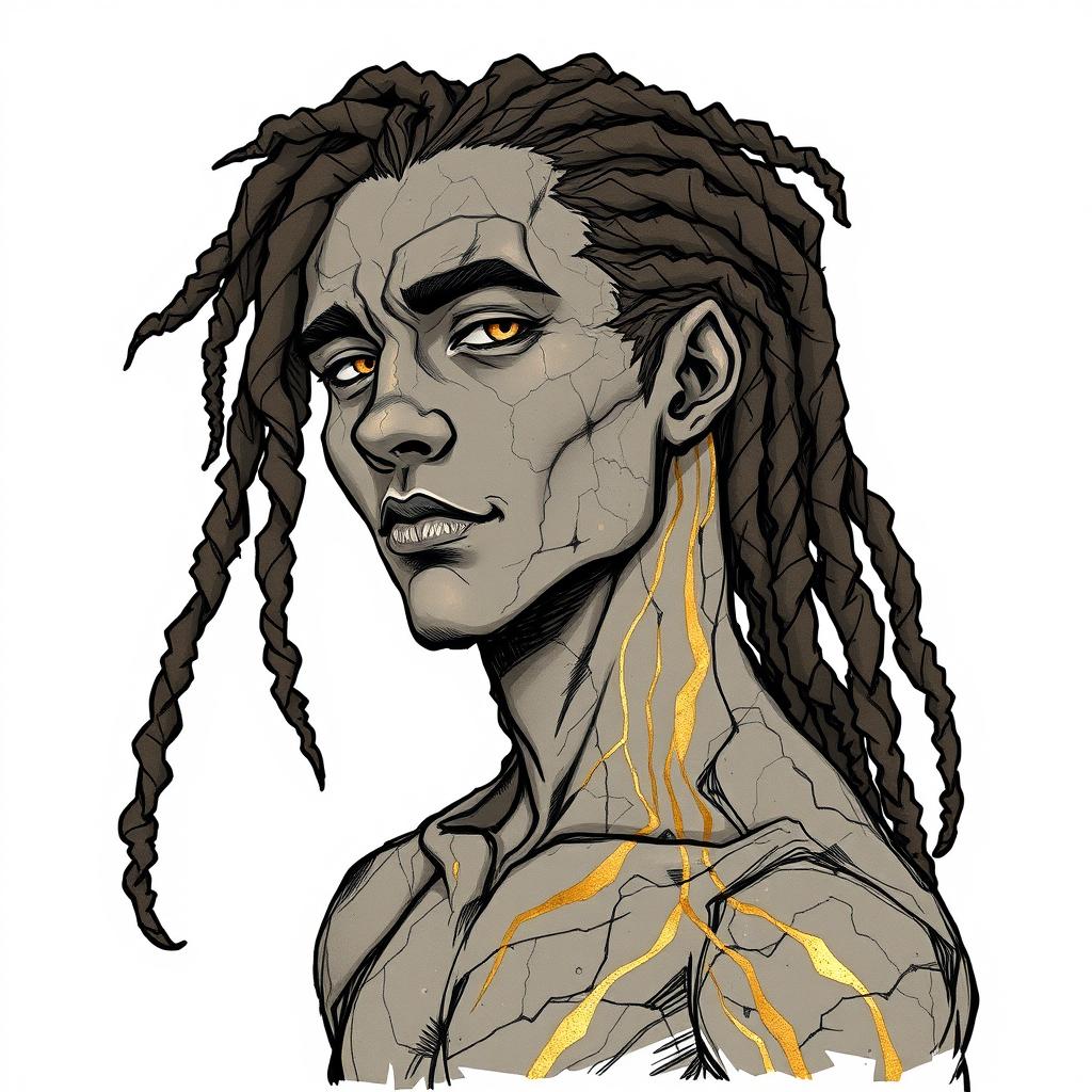 Artwork in the style of hand-drawn character design featuring a male human figure with an extraordinary appearance, showcasing rocky skin that conveys a rugged, earthy quality