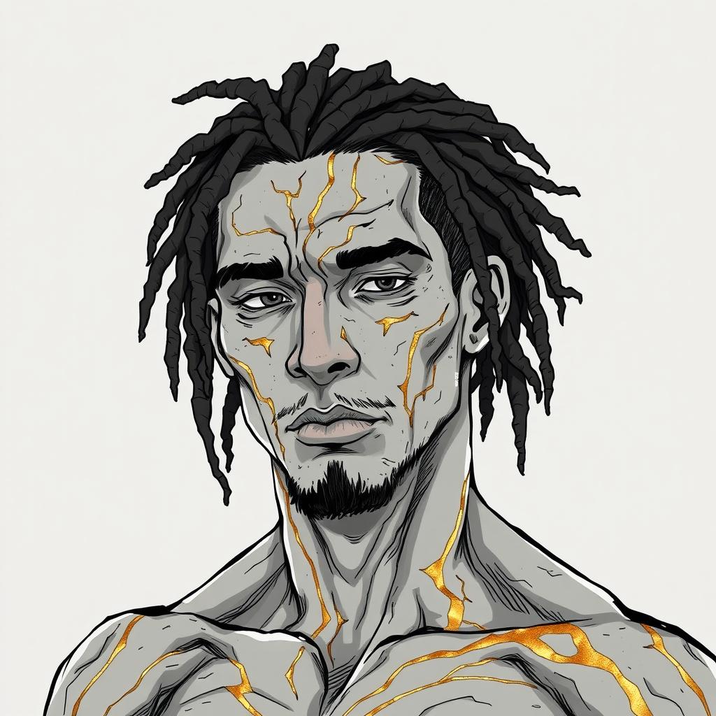 Artwork in the style of a hand-drawn character featuring a male human figure with rocky gray skin that presents a rugged and textured appearance