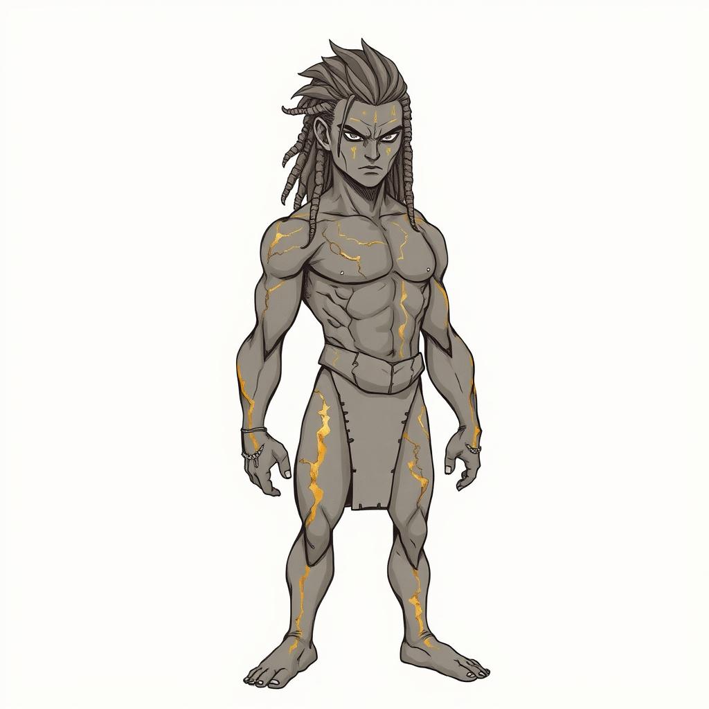 Artwork in the style of a hand-drawn character featuring a stoic male human figure, depicted as a lithe warrior with a strong yet graceful build