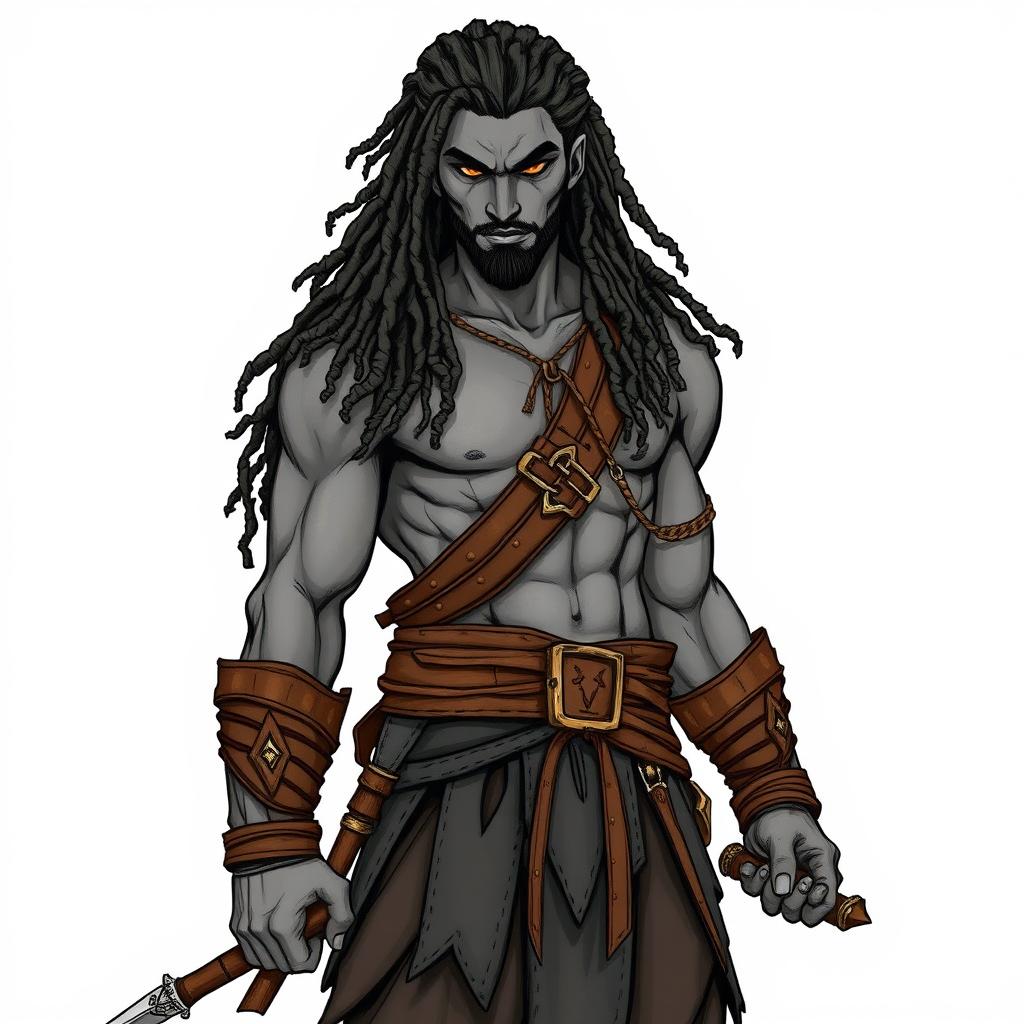 Artwork in the style of a hand-drawn character featuring a stoic male human warrior figure, portrayed as lithe and agile