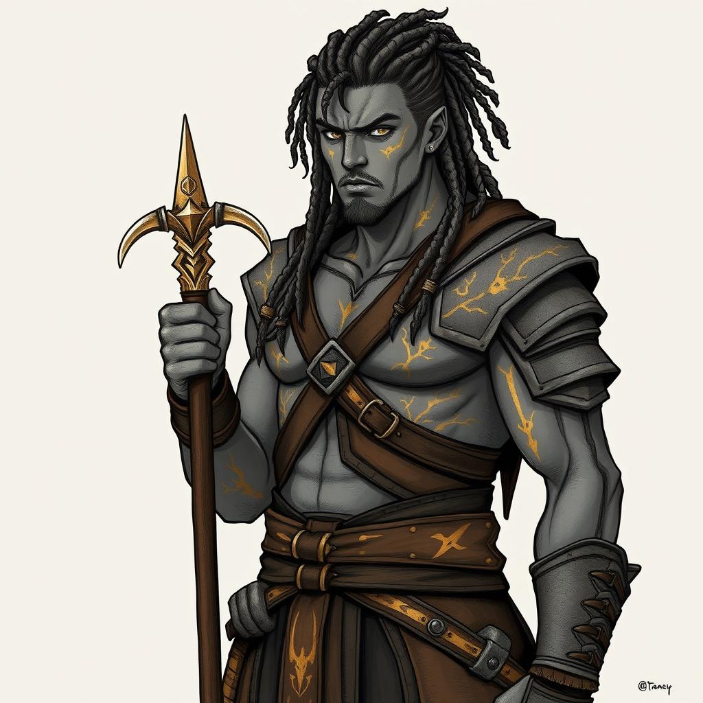 Artwork in the style of a hand-drawn character portraying a stoic male human warrior figure, depicted as lithe and agile