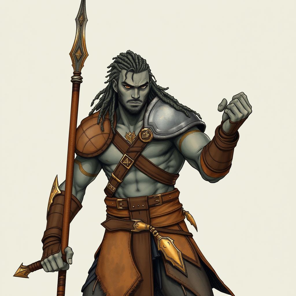 Artwork in the style of a hand-drawn character depicting a stoic male human warrior figure, illustrated as lithe and agile