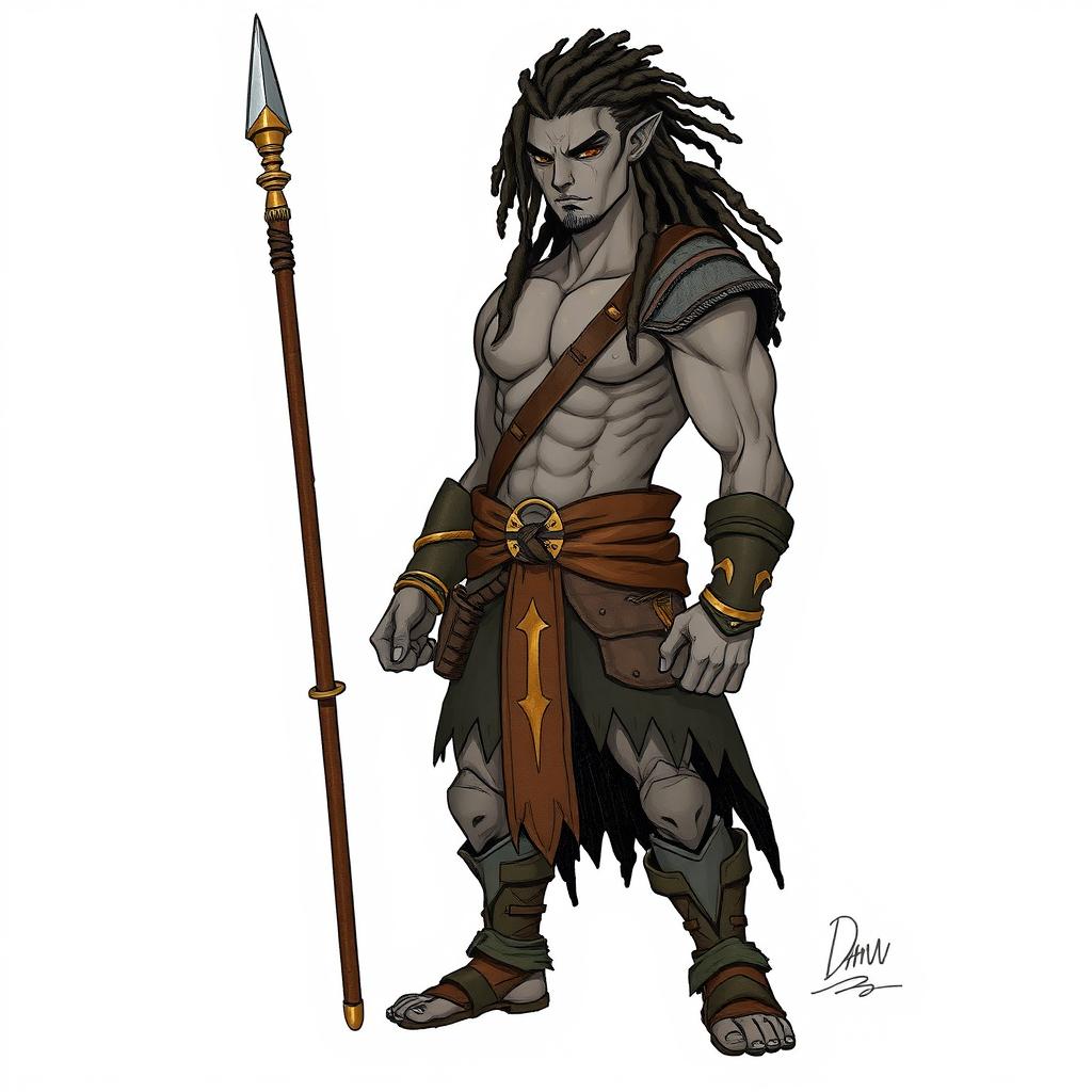 Artwork in the style of a hand-drawn character depicting a stoic male human warrior figure, characterized by a lithe and agile physique