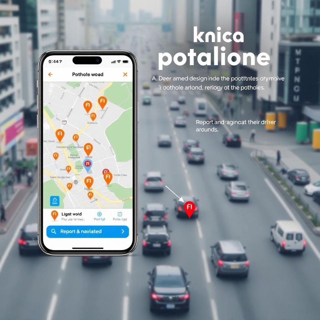 An innovative application interface showcasing a real-time map alerting users to potholes on the road