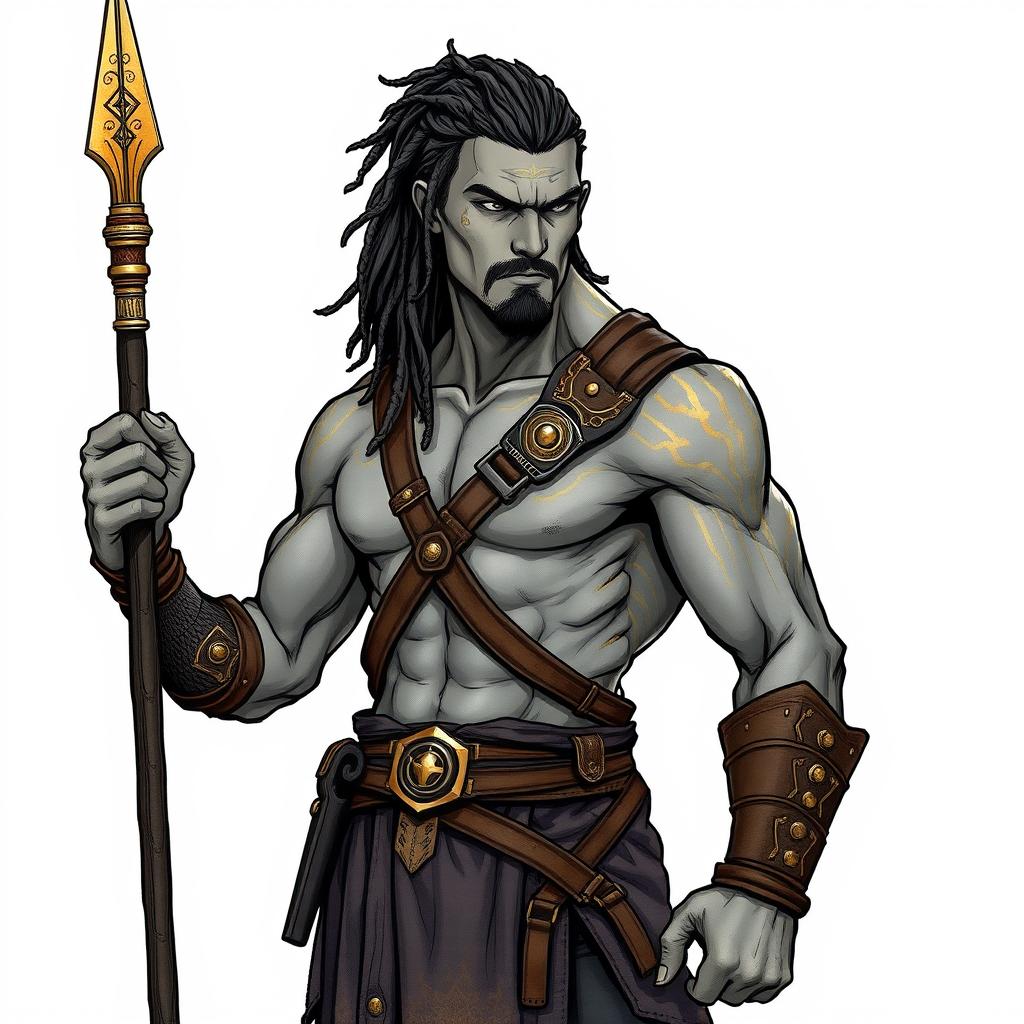 Artwork in the style of a hand-drawn character representing a stoic male human warrior figure, depicted with a lithe and athletic build