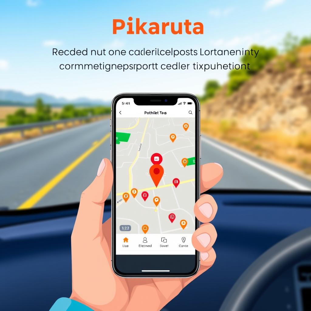 An illustration of a mobile application interface called 'Pikaruta', designed for real-time road hazard alerts