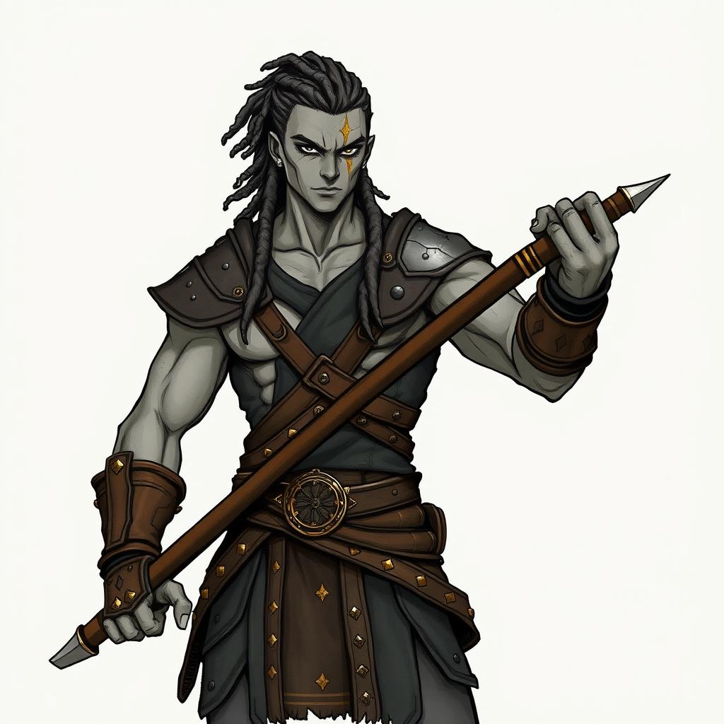 Artwork in the style of a hand-drawn character showcasing a stoic male human warrior figure with a lithe and athletic build