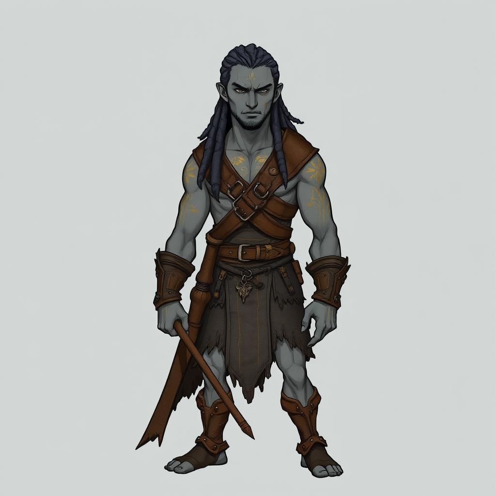 Artwork in the style of a hand-drawn character featuring a stoic male human warrior figure with a lithe and athletic build